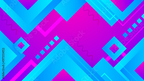 Modern cyan and magenta abstract background featuring memphis style geometric squares and wavy lines pattern