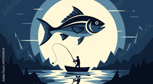 A lone fisherman in a small boat under a giant fish and full moon.