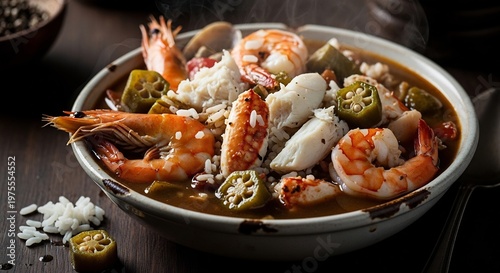Hearty Seafood Gumbo Bowl with Shrimp and Okra.