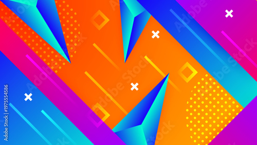 Dynamic abstract background featuring cyan 3D pyramids on a warm orange and purple gradient background
