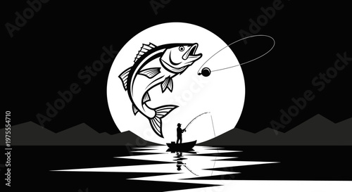 Fisherman in a boat catching a large fish jumping out of the water.