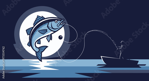 Fisherman reeling in a large fish jumping out of water.