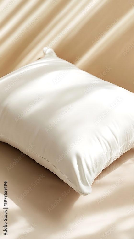 Fototapeta premium White Pillow on Beige Bedding with Soft Light Creating an Elegant