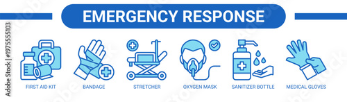 Emergency Response web banner icon vector illustration concept with icons of first aid kit, bandage, stretcher, oxygen mask, sanitizer bottle, and medical gloves.