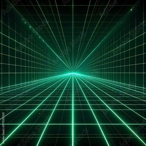 Abstract Green Neon Grid Tunnel Futuristic Digital Space Background