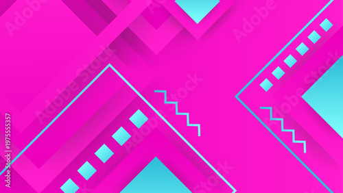 Vibrant pink and cyan abstract background featuring geometric squares and Memphis zigzag patterns