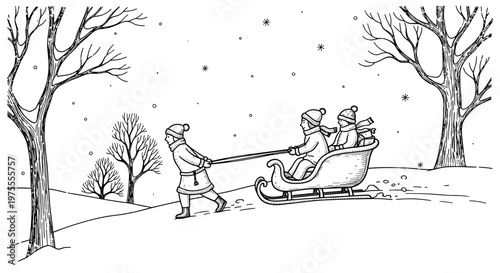 Illustration of a person pulling a sleigh with passengers up a snowy hill, surrounded by bare winter trees and falling snowflakes, black and white sketch