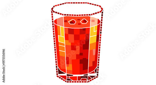 Illustration of a vibrant red tomato juice in a geometric patterned glass with a white background
