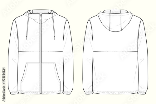 Full-Zip Hooded Windbreaker Jacket with Kangaroo Pocket – Technical Flat Sketch Front and Back
