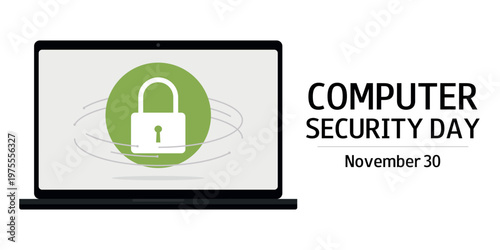 Computer Security Day horizontal banner. November 30. Computer with lock in green circle. Cybersecurity, privacy and digital data safety.