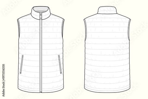 Lightweight Quilted Puffer Vest with Stand Collar – Technical Flat Sketch Front and Back
