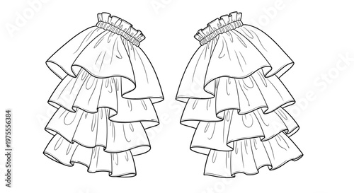 Illustration of elegant ruffle blouse sleeves with layered design, featuring intricate details and classic style on a white background