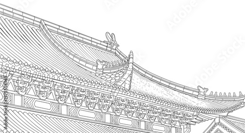 Intricate line drawing of a traditional Chinese temple roof with ornate architectural details and decorative elements against a white background