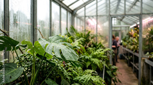 Lush green plants growing inside modern greenhouse with person tending in background. Concept of urban farming, sustainable agriculture, and controlled environment cultivation.