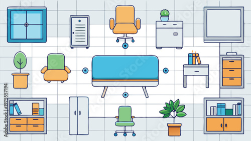 Professional isometric furniture symbol set for interior designers and architects, office workstation desk meeting table