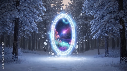 Mystical Portal in Winter Forest: A vibrant portal glows in a snow-covered forest, inviting viewers to explore the magic of the unseen.