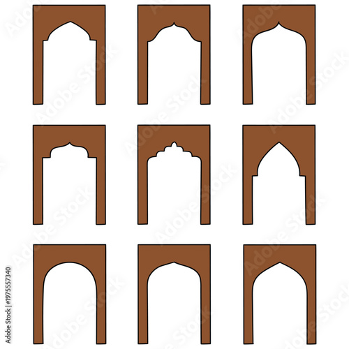 Hand-drawn cartoon set of arab arches and islam doors on a white background.