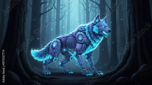 Cybernetic Wolf in Mystic Forest: A robotic wolf with vibrant, glowing components stands amidst a shadowy forest, creating an intriguing blend of technology and nature.