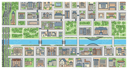 Flat vector city map with river and buildings, urban landscape illustration with streets and parks, architectural town plan layout