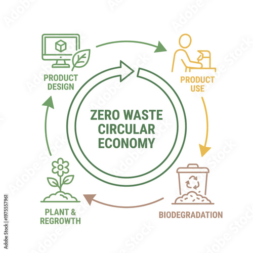 Sustainable circular economy principles for waste reduction, detailing eco-friendly product lifecycle via design, use, biodegradation, and regeneration