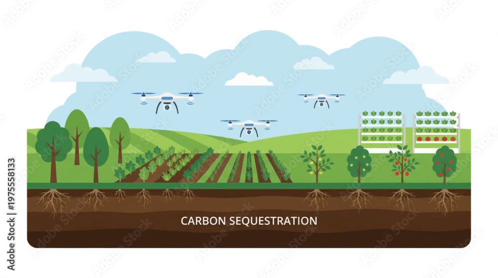 Fototapeta premium Advanced agricultural technology and drones contribute to effective carbon sequestration, promoting sustainable farming practices and environmental well-being across diverse ecosystems