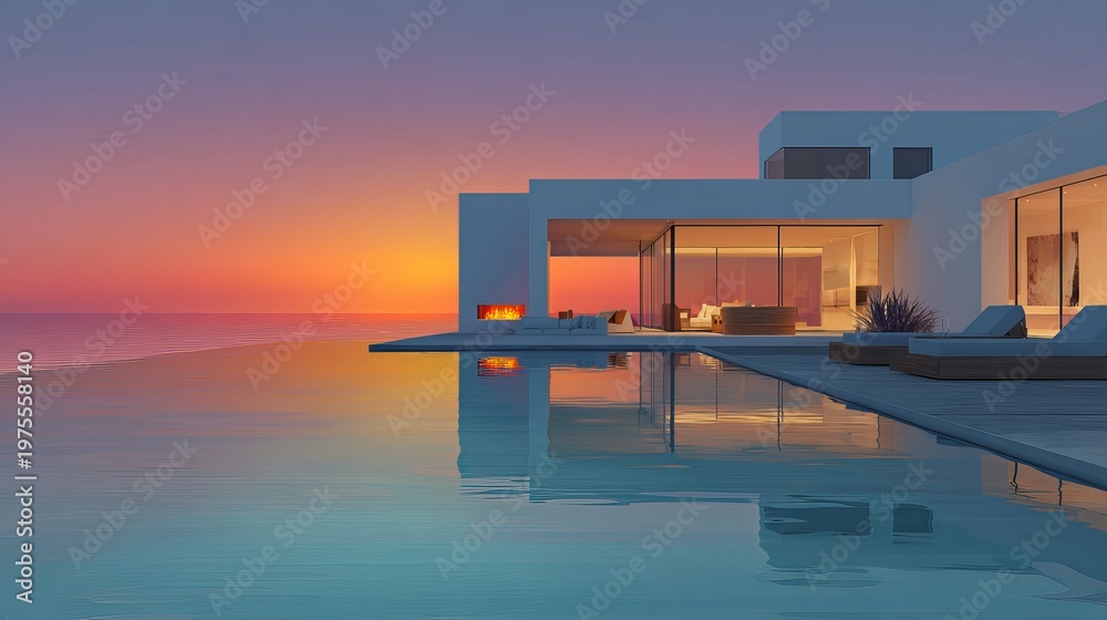 Fototapeta premium A modern white house with a pool overlooking the ocean at sunset
