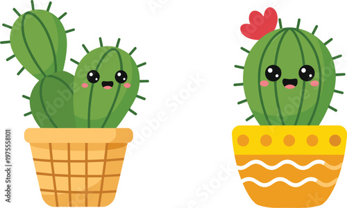 Adorable cartoon cactus characters in decorative pots with smiling kawaii faces illustration