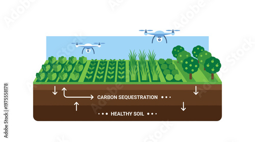 Smart Agriculture Concept with Drones Monitoring Crops and Promoting Carbon Sequestration for Healthy Soil, Illustrating Sustainable Farming Practices and Environmental Benefits