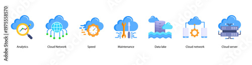 Cloud Infrastructure web banner icon vector illustration featuring Analytics, Cloud Network, Speed, Maintenance, Data Lake, Cloud Network, and Cloud Server.