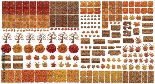 Pixel art autumn game assets, retro 8-bit forest environment tileset, orange and brown fall nature elements for RPG level design, EPS vector