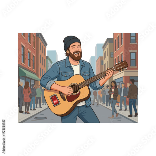 Man plays acoustic guitar on city street with people passing by