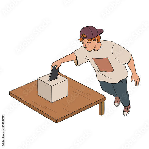 A man is casting a ballot into a box on a table.
