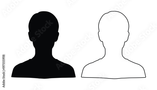 Black Silhouette and White Outline of Human Head and Shoulders on White Background