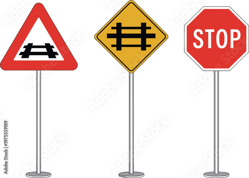 Railway crossing warning signs and stop sign traffic safety illustration set