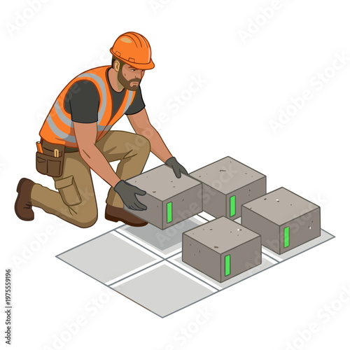 A construction worker in an orange vest and hard hat places a concrete block on a grid layout outdoors.