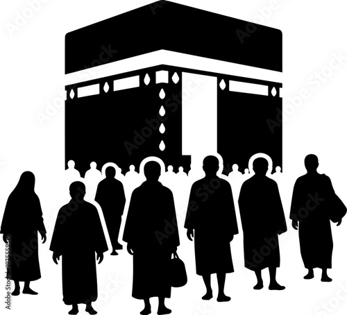 Silhouette of people pilgrims in front of Kaaba Mecca Islamic monument  religious site