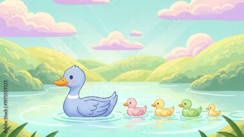 Mother Duck's Serene Parade: A nurturing mother duck leads her adorable ducklings across a tranquil lake, painting a picture of familial bond and gentle tranquility.
