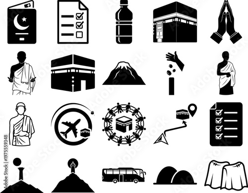 Black icons of Hajj pilgrimage and travel related symbols on white background