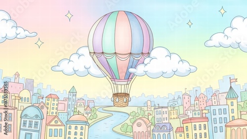 Dreamy Ascent Over City: A whimsical hot air balloon floats serenely over a vibrant city, its colorful form a beacon of imagination against a pastel sky.