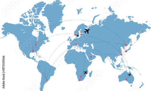 World map with global flight routes and airplane travel connections illustration