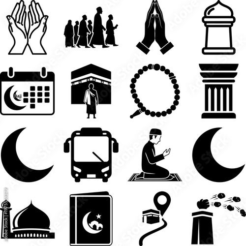 Islamic symbols and objects for hajj and Eid celebrations on white background