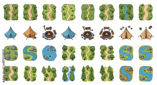 Camping map icons set, 32 outdoor adventure vector elements, nature landscape tiles with tents and campfires, forest trail and river map creator