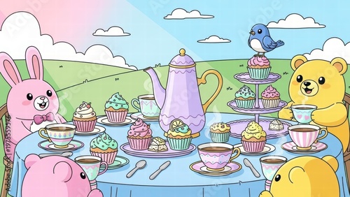 Whimsical Tea Party: A cheerful gathering of charming animal characters at a delightful tea party, enjoying cupcakes and tea.