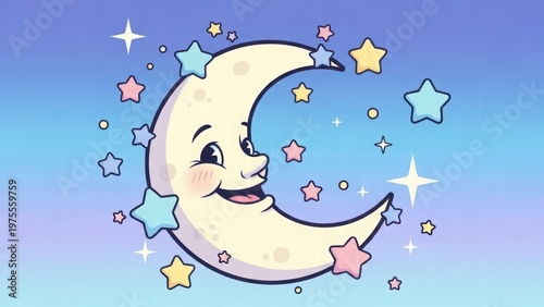 Moon and Stars in the Night Sky: A cheerful crescent moon, adorned with a smiling face, radiates a gentle glow, encircled by a constellation of pastel-colored stars twinkling against a soft.