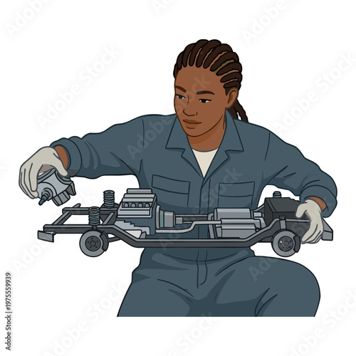 A woman in a blue jumpsuit is repairing a mechanical device with tools.