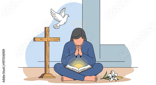 A serene illustration of a woman praying with an open Bible, a cross, a dove, and a lily, symbolizing faith and spirituality.