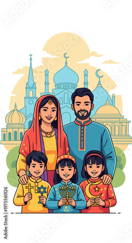 A happy Muslim family with three children celebrating Eid in front of a mosque, showcasing cultural traditions and festive spirit.