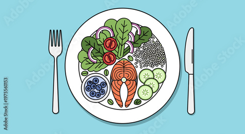 A healthy and balanced meal featuring a salmon steak, fresh greens, blueberries, quinoa, and sliced cucumbers, presented on a white plate with cutlery.