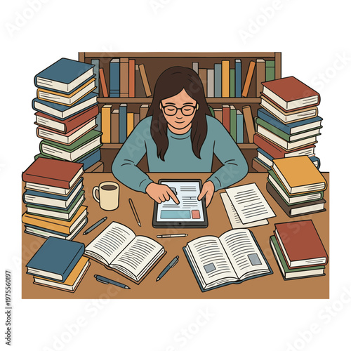 A woman studies intently at a cluttered desk surrounded by stacks books
