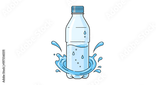 A clear plastic bottle filled with water, with splashes of water surrounding its base.